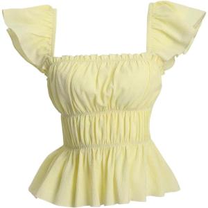 image:imageFloerns Womens Cute Square Neck Cap Sleeve Blouses Ruched Bust Ruffle Hem Summer ShirtsYellow