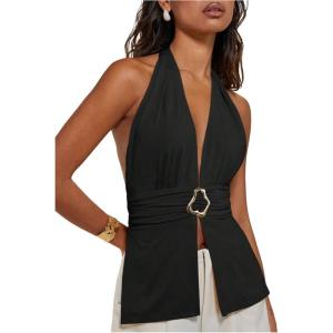 image:imageFloerns Womens Deep V Neck Tie Back Halter Top Ruched Sleeveless Slit Dressy TopsBlack