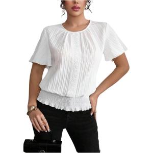 image:imageFloerns Womens Dressy Casual Short Sleeve Blouse Tops Textured Crewneck Work ShirtsWhite