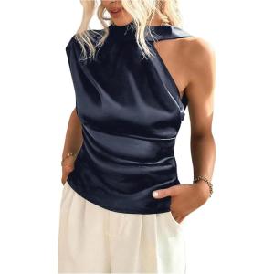 image:imageFloerns Womens Elegant Asymmetrical Neck Satin Blouse Dressy Casual Sleeveless Ruched Business Office Silk ShirtsBlue