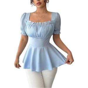 image:imageFloerns Womens Elegant Blouse Tops Puff Sleeve Ruched Bust Ruffle Dressy Casual Peplum TopLight Blue