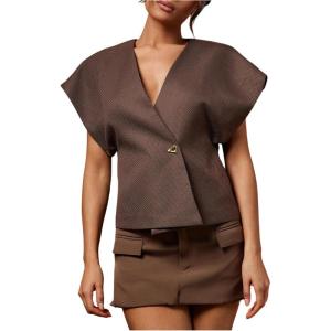 image:imageFloerns Womens Elegant Dolman Sleeve Blouses Asymmetrical Hem Tweed V Neck ShirtsBrown