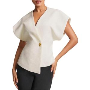 image:imageFloerns Womens Elegant Dolman Sleeve Blouses Asymmetrical Hem Tweed V Neck ShirtsWhite