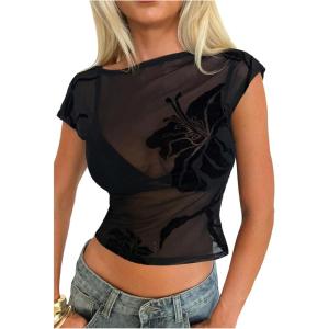image:imageFloerns Womens Elegant Floral Mesh Cap Sleeve T Shirts Crew Neck See Through Party Crop TopsBlack
