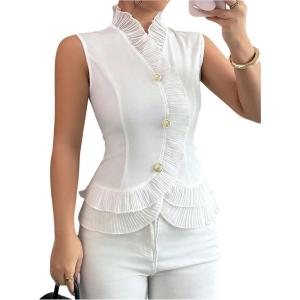 image:imageFloerns Womens Elegant Layered Ruffle Button Down Blouse Mock Neck Sleeveless Work Office ShirtWhite