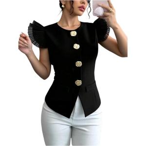 image:imageFloerns Womens Elegant Layered Sleeve Blouses Crew Neck Button Down Business Casual TopsBlack