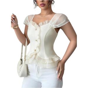 image:imageFloerns Womens Elegant Mesh Puff Sleeve Button Down Shirt Frill Trim Dressy Casual BlousesApricot