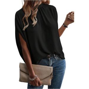 image:imageFloerns Womens Elegant Mock Neck Work Shirts Summer Dolman Sleeve Tie Back Dressy Casual Blouses