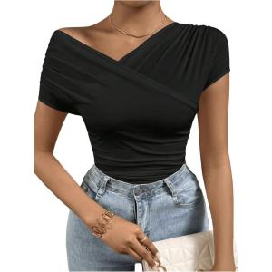 image:imageFloerns Womens Elegant Off The Shoulder Tops Asymmetrical Ruched Summer Casual Tee TopBlack