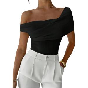 image:imageFloerns Womens Elegant Off The Shoulder Tops Short Sleeve Ruched Business Casual T ShirtsBlack