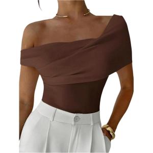 image:imageFloerns Womens Elegant Off The Shoulder Tops Short Sleeve Ruched Business Casual T ShirtsBrown