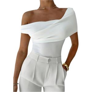 image:imageFloerns Womens Elegant Off The Shoulder Tops Short Sleeve Ruched Business Casual T ShirtsWhite