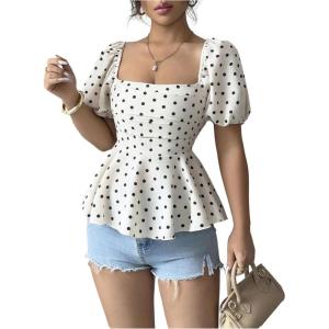 image:imageFloerns Womens Elegant Polka Dots Top Puff Sleeve Peplum Square Neck Ruffle Going Out TopsWhite and Black