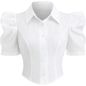 image:imageFloerns Womens Elegant Puff Sleeve Blouse Button Down Collar Neck Corset Dressy Casual ShirtsWhite