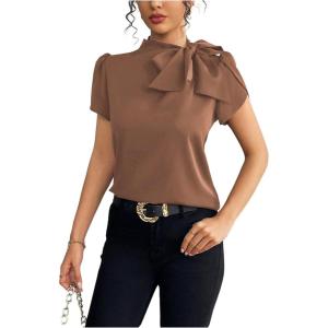 image:imageFloerns Womens Elegant Puff Sleeve Blouses Bow Tie Neck Business Casual Work ShirtsBrown