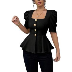 image:imageFloerns Womens Elegant Puff Sleeve Peplum Square Neck Button Flared Dressy Casual Blouse TopsBlack