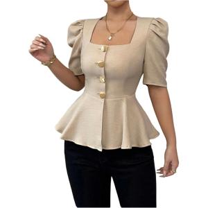 image:imageFloerns Womens Elegant Puff Sleeve Peplum Square Neck Button Flared Dressy Casual Blouse TopsKhaki