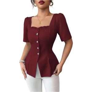 image:imageFloerns Womens Elegant Puff Sleeve Peplum Square Neck Flare Hem Dressy Casual Blouse TopsBurgundy