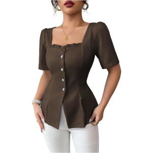 image:imageFloerns Womens Elegant Puff Sleeve Peplum Square Neck Flare Hem Dressy Casual Blouse TopsChocolate Brown