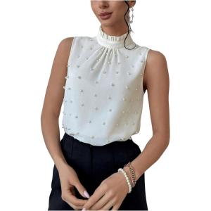 image:imageFloerns Womens Elegant Ruffle Mock Neck Pearl Beaded Blouse Sleeveless Office Shirt TopApricot