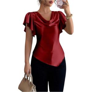 image:imageFloerns Womens Elegant Ruffle Sleeve T Shirts Cowl Neck Business Casual Work Tee ShirtsBurgundy