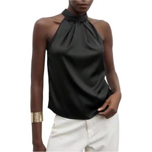 image:imageFloerns Womens Elegant Satin Halter Tops Sleeveless Bow Tie Back Dressy Casual BlousesBlack