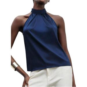 image:imageFloerns Womens Elegant Satin Halter Tops Sleeveless Bow Tie Back Dressy Casual BlousesDark Blue