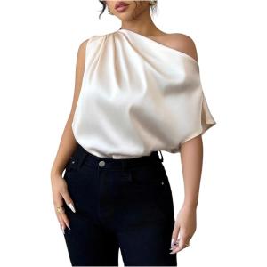 image:imageFloerns Womens Elegant Satin Off Shoulder Blouse Short Sleeve Dressy Casual ShirtsApricot