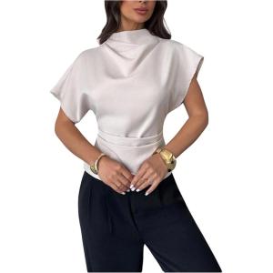 image:imageFloerns Womens Elegant Short Sleeve Blouses Tops Draped Mock Neck Ruched Dressy Casual OutfitApricot