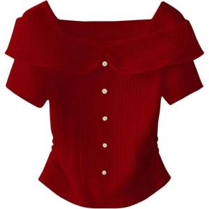 image:imageFloerns Womens Elegant Short Sleeve T Shirts Textured Button Down Dressy Casual TopsRed