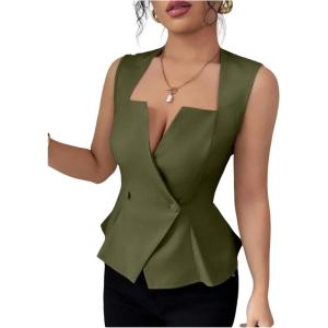 image:imageFloerns Womens Elegant Sleeveless Vest Shirts Flared Hem Business Casual Blouse TopsOlive Green