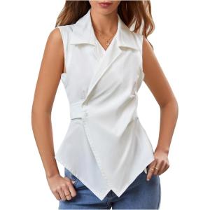 image:imageFloerns Womens Elegant Sleeveless Wrap Front Work Shirts Collared Dressy Casual Blouse TopsWhite