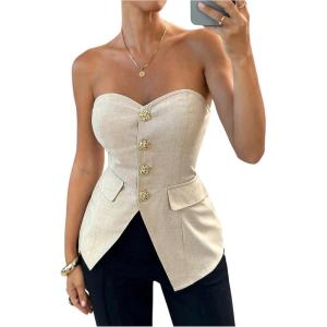 image:imageFloerns Womens Elegant Strapless Tube Top Metal Button Up Business Casual Bandeau TopKhaki