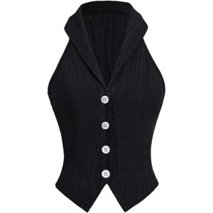 image:imageFloerns Womens Elegant Summer Blouse Top Sleeveless Button Up Halter Neck Work ShirtsBlack