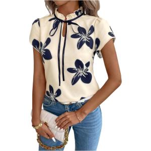 image:imageFloerns Womens Elegant Tie Neck Shirts Short Sleeve Business Dressy Casual Blouses TopsBeige Floral