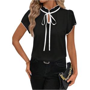 image:imageFloerns Womens Elegant Tie Neck Shirts Short Sleeve Business Dressy Casual Blouses TopsBlack