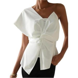 image:imageFloerns Womens Elegant Twist Knot One Shoulder Tops Sleeveless Dressy Casual Blouse TopsWhite
