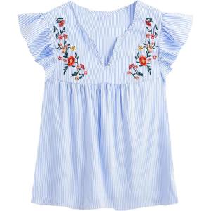 image:imageFloerns Womens Floral Embroidered V Neck Ruffle Cap Sleeve Peplum Blouse TopBlue Stripe