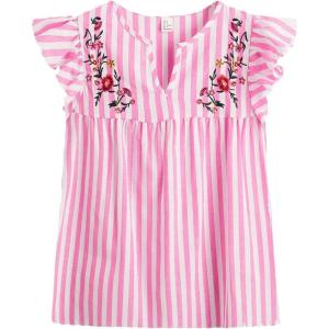image:imageFloerns Womens Floral Embroidered V Neck Ruffle Cap Sleeve Peplum Blouse TopPink Stripe