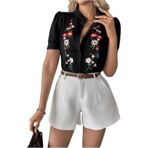 image:imageFloerns Womens Floral Embroidery Button Down Shirts Puff Sleeve Dressy Casual Blouse TopBlack