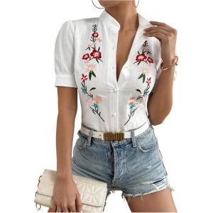 image:imageFloerns Womens Floral Embroidery Button Down Shirts Puff Sleeve Dressy Casual Blouse TopWhite