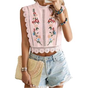 image:imageFloerns Womens Floral Embroidery Lace Trim Blouse Mock Neck Sleeveless Holiday Crop TopsPink