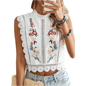 image:imageFloerns Womens Floral Embroidery Lace Trim Blouse Mock Neck Sleeveless Holiday Crop TopsWhite Multi