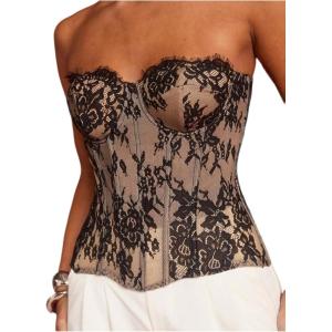 image:imageFloerns Womens Floral Lace Strapless Corset Tops Lace Up Club Night Out Tube TopsBlack