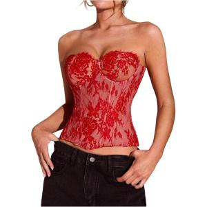 image:imageFloerns Womens Floral Lace Strapless Corset Tops Lace Up Club Night Out Tube TopsRed