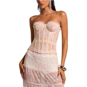 image:imageFloerns Womens Floral Lace Strapless Corset Tops Lace Up Club Night Out Tube TopsWhite