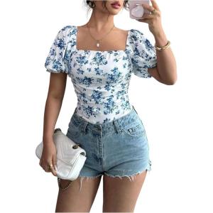 image:imageFloerns Womens Floral Print Square Neck T Shirt Puff Sleeve Ruched Summer Dressy TopsBlue and White