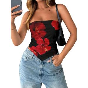 image:imageFloerns Womens Floral Print Strapless Tube Top Y2K Ruched Stretchy Night Out Bandeau TopsBlack Multi