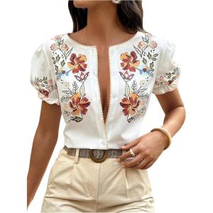image:imageFloerns Womens Floral Puff Sleeve Shirts Crew Neck Button Down Vacation Blouse TopsWhite Multi