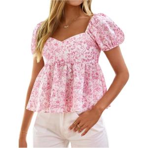 image:imageFloerns Womens Floral Short Puff Sleeve Flare Peplum Tops Sweetheart Neck Boho BlousesPink